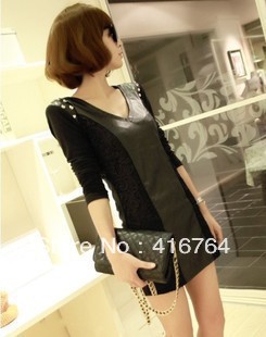 FREE SHIPPING Autumn and winter one-piece dress fashion slim punk lace patchwork rivet long-sleeve slim hip leather dress