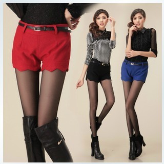 Free Shipping autumn and winter ruffle woolen shorts High Quality boot cut jeans shorts with belt(Black+Red+Rosy+Blue)121220#30