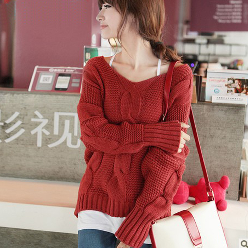 free shipping Autumn and winter sweater outerwear female loose thickening V-neck twisted vintage bat sweater