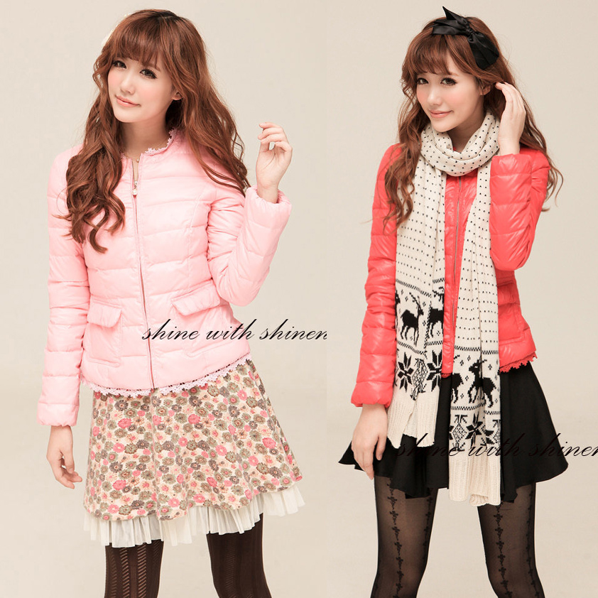 Free Shipping Autumn and winter sweet candy color slim short design lace decoration wadded jacket outerwear 12412 LDX