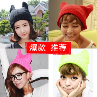 Free Shipping Autumn and winter the devil horn knitted hat cat ears knitted hat ear beret female
