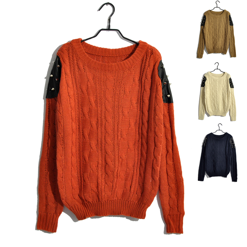 free shipping Autumn and winter women fashion handsome patchwork rivet twisted , dsmv all-match brief o-neck knitted sweater