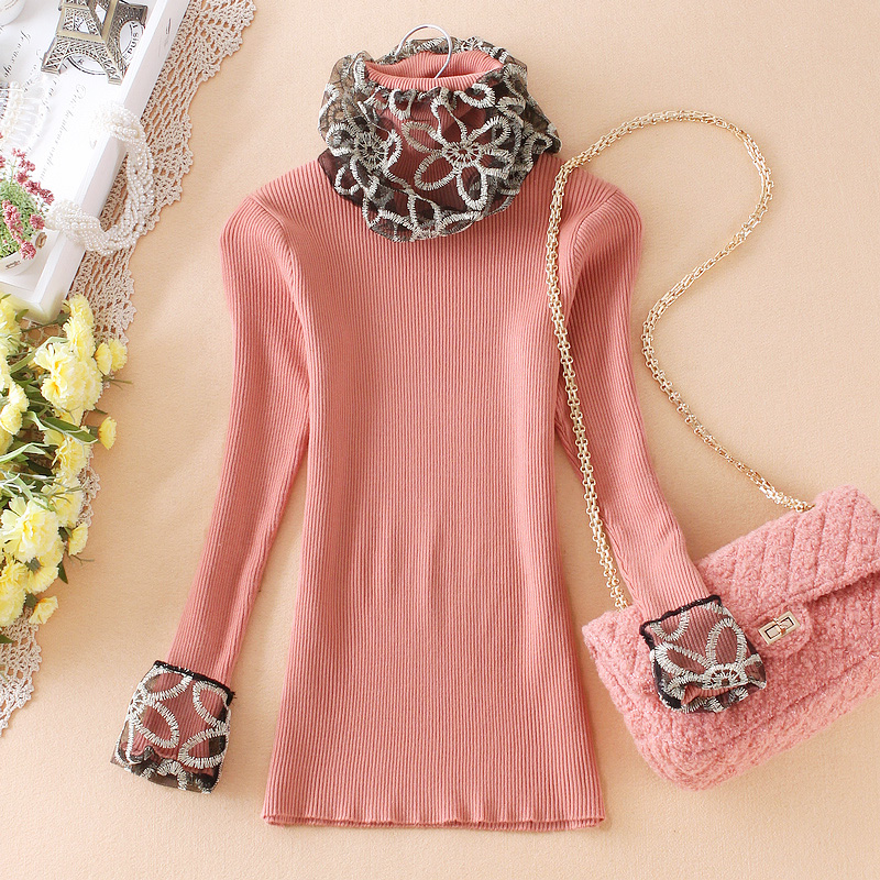 Free Shipping, Autumn and winter women pullover lace knitted basic shirt long-sleeve thick sweater turtleneck basic sweater