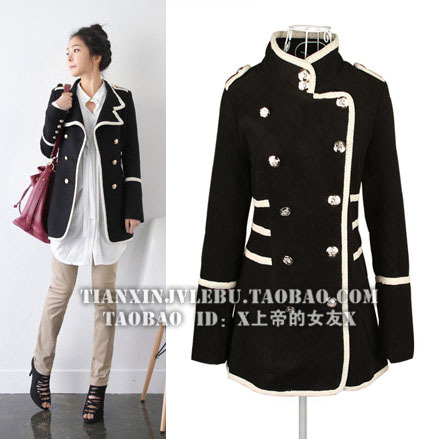 Free shipping,Autumn and winter women's handsome military wind double breasted long-sleeve medium-long slim overcoat