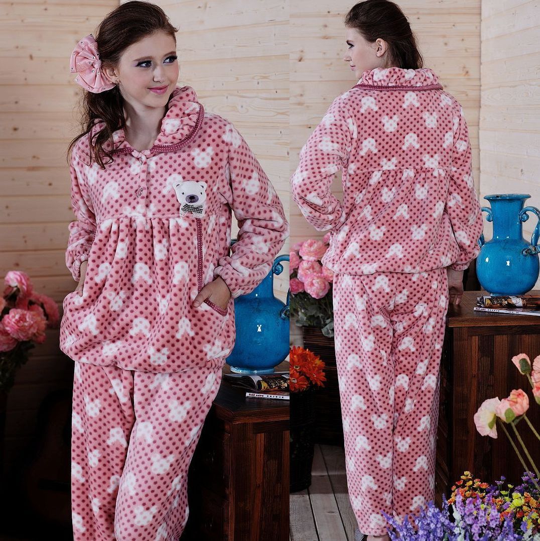 Free Shipping Autumn and winter women's sleepwear lounge long-sleeve flannel set thickening coral fleece plus size xxl