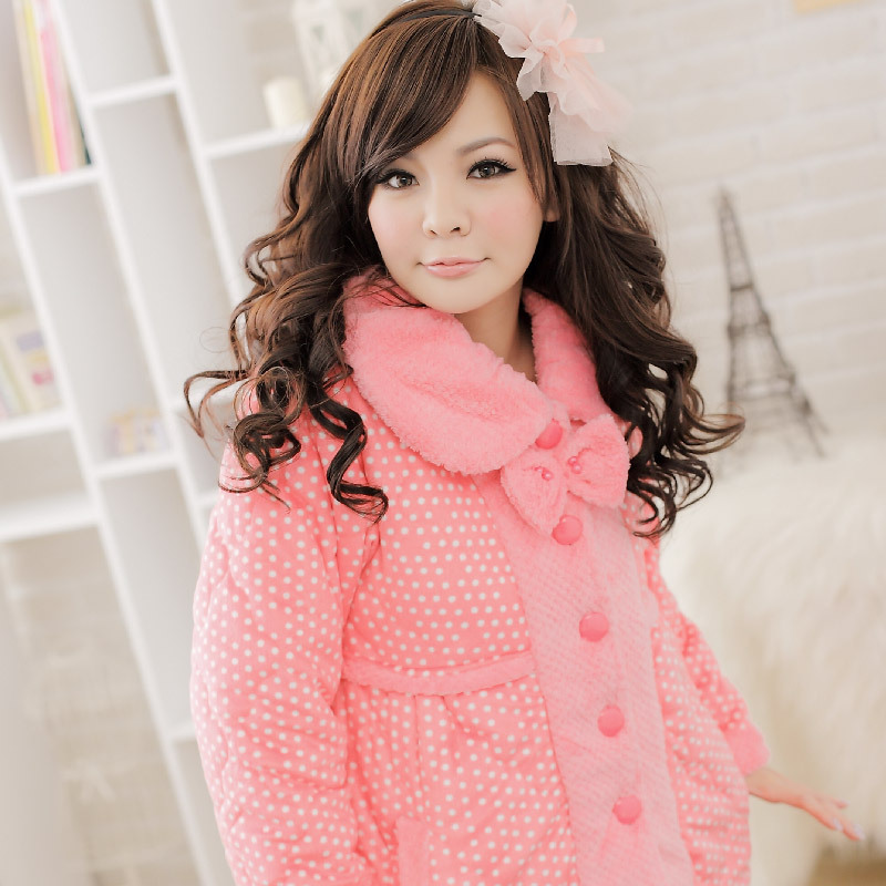 Free shipping  autumn and winter women's thickening coral fleece cotton-padded sleepwear lounge set polka dot white