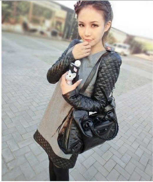 Free shipping Autumn and winter woolen one-piece dress patchwork leather shoulder pads slim small plus size skirt 508