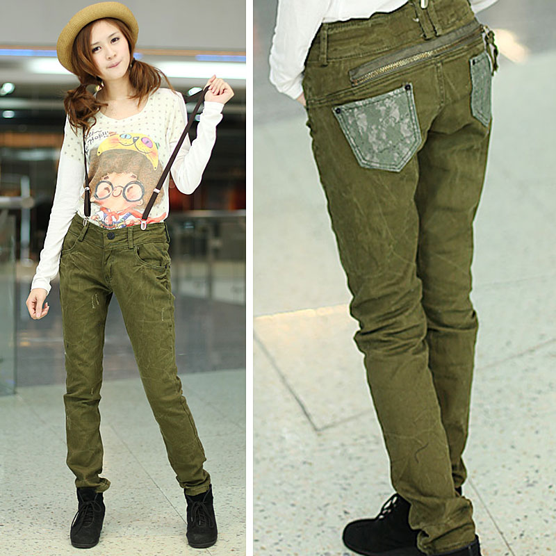 Free Shipping Autumn Army Green lace skinny jeans pants trousers female wholesale