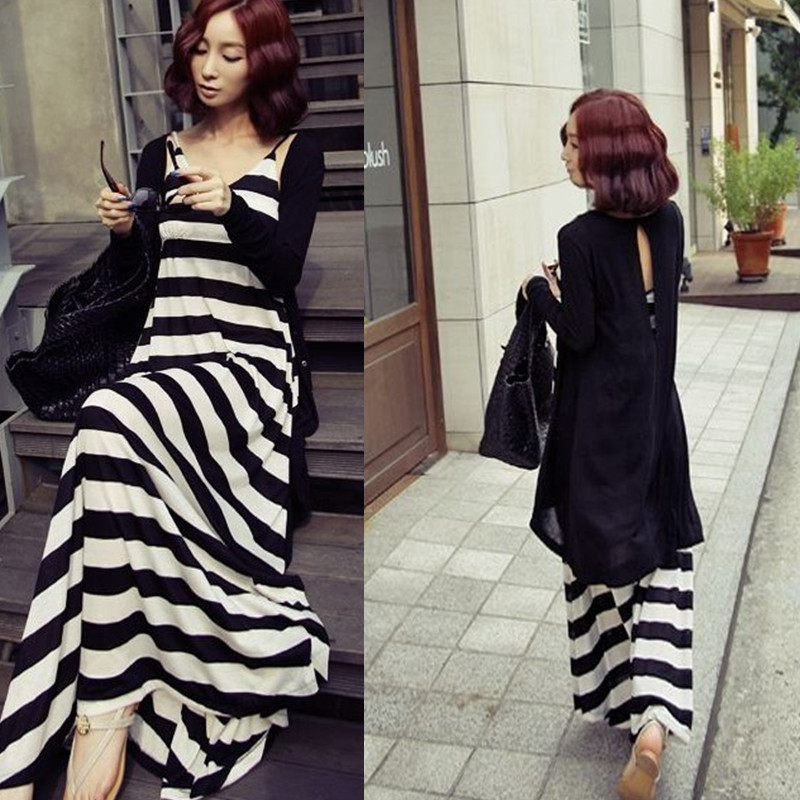 free shipping Autumn black and white stripe one-piece dress spaghetti strap full dress cutout shirt women's cape cardigan