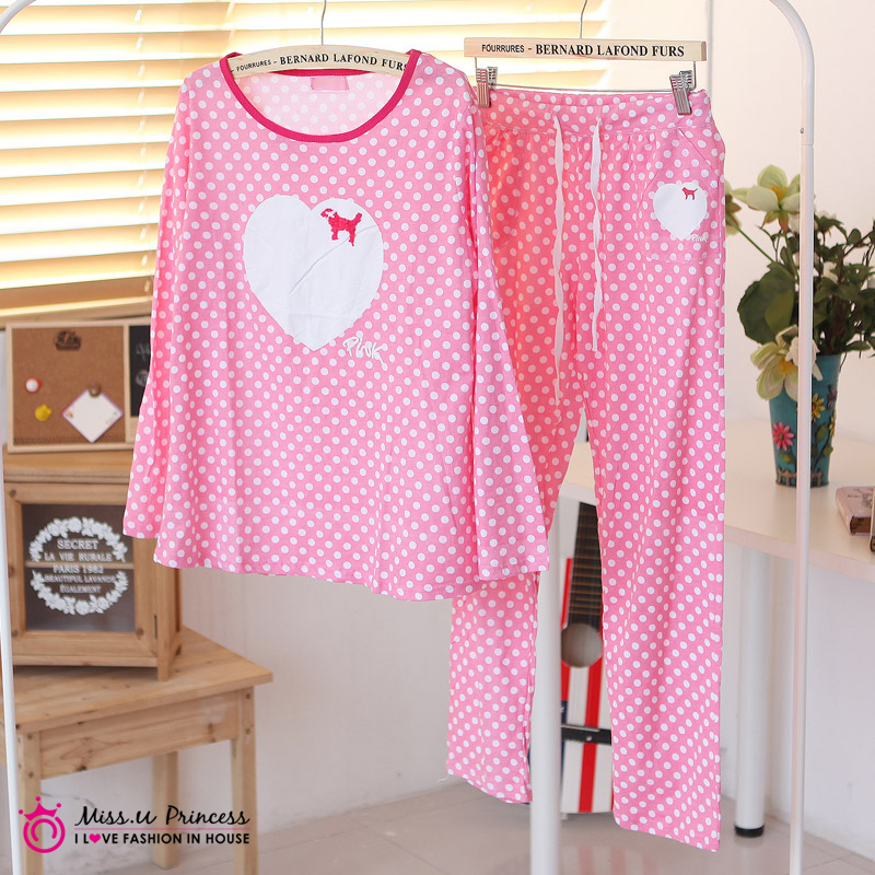 Free shipping  autumn cotton long-sleeve sleep set women's lounge love peach