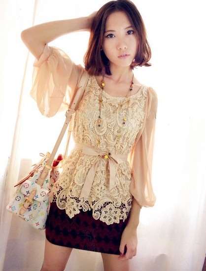 Free shipping Autumn cutout lace chiffon lantern sleeve long-sleeve lacing lace shirt chiffon shirt basic shirt