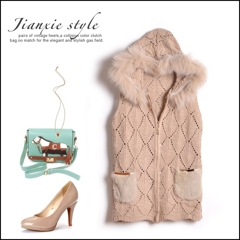 Free shipping Autumn cutout rabbit fur with a hood sleeveless zipper-up vest sweater coat