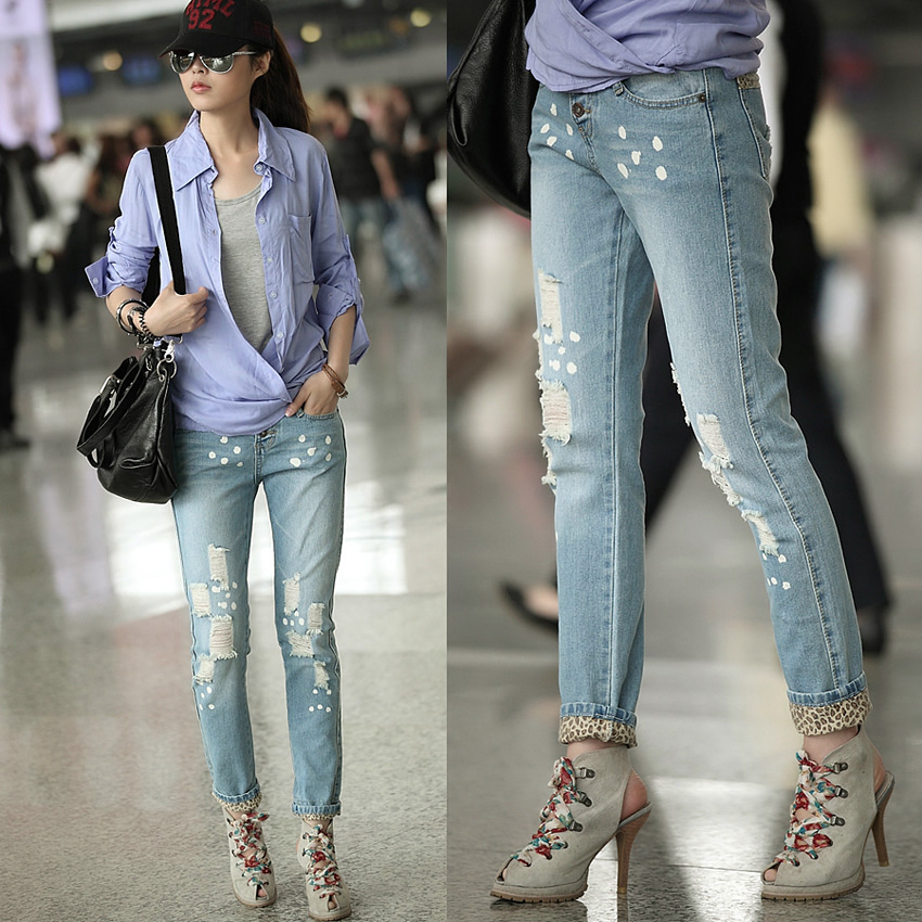 Free shipping - Autumn denim trousers beggar pants light color hole leopard print roll-up hem skinny jeans female