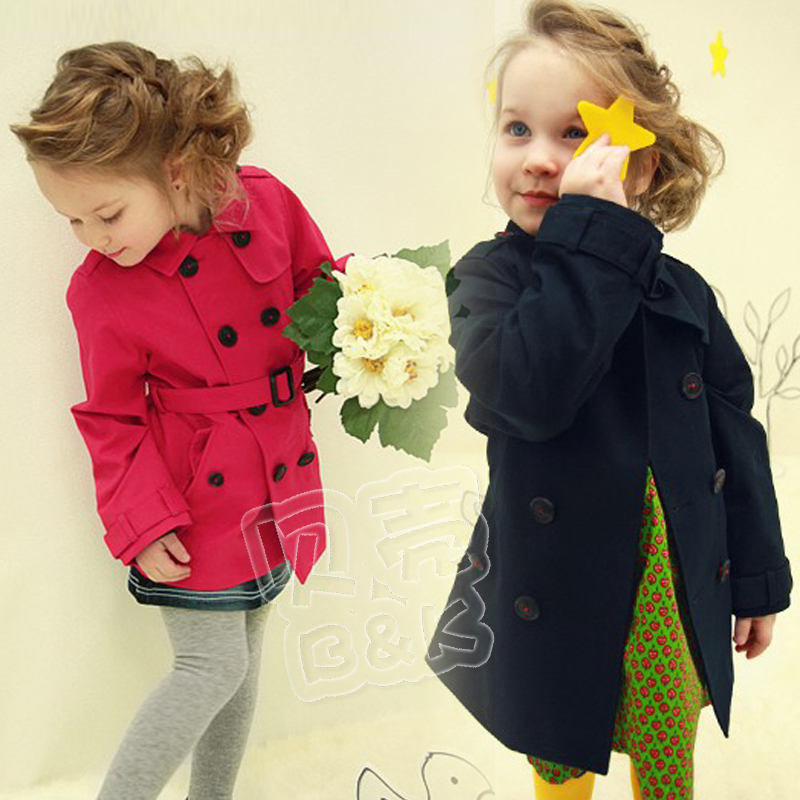 free shipping  autumn double breasted girls clothing baby medium-long trench outerwear wt-0685