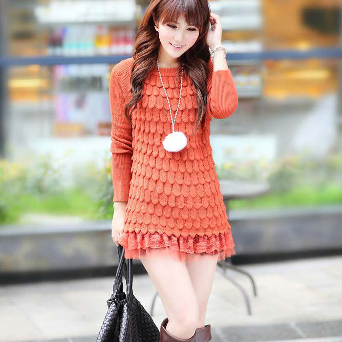 Free shipping,autumn double layer sweep lace decoration fish scales long basic sweater dress,fashion dress,wholesale/retail