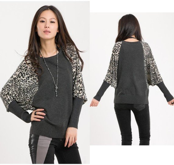 Free shipping-Autumn elegant classic batwing sleeve leopard print patchwork women's sweater  O-neck/Turtleneck pullover knitwear