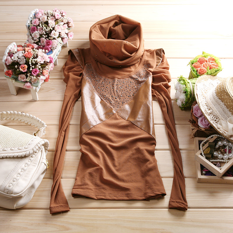 Free Shipping! Autumn Fashion Women's Gauze Puff Sleeve Patchwork PU Leather Beading Basic T-Shirt With Muffler Scarf B06796#