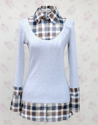 Free shipping,Autumn gentlewomen faux two piece shirt solid color pullover 100% cotton plaid shirt