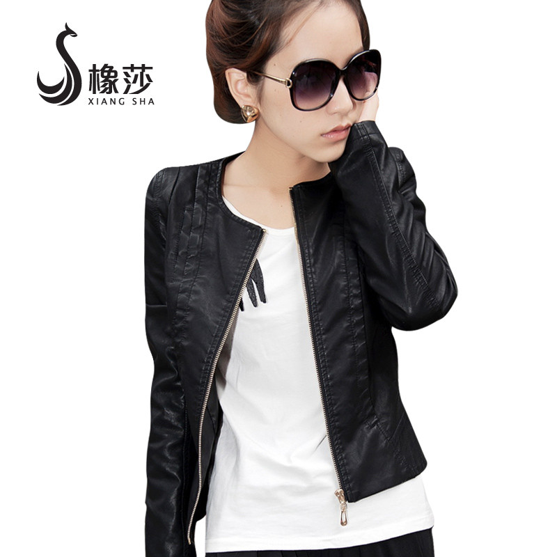 Free Shipping autumn leather clothing female short design slim water washed leather PU jacket o-neck outerwear JK-058