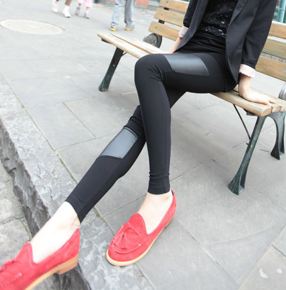 free shipping Autumn legging female asymmetrical slim faux leather casual all-match long patchwork design