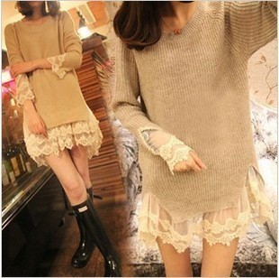 free shipping Autumn long lace below fashion knitted sweaters Green, pink, beige 2012 women sweater pullover