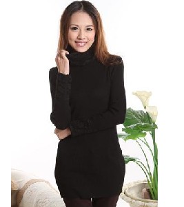 Free Shipping Autumn medium-long sweater turtleneck women's gentlewomen lace heap turtleneck solid color basic sweater