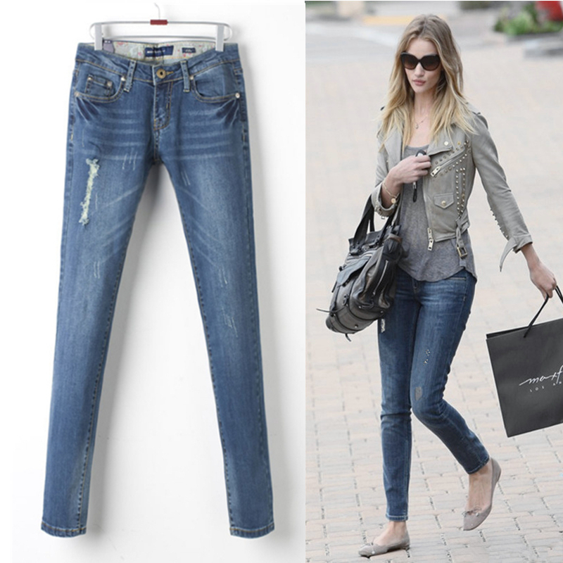 Free shipping, Autumn new arrival fashion jeans female hole skinny pants female pencil pants female Dark Blue pants