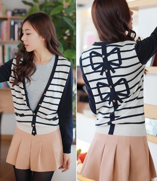 free shipping Autumn new arrival female sweater navy stripe cardigan long-sleeve air conditioning shirt thin outerwear bow