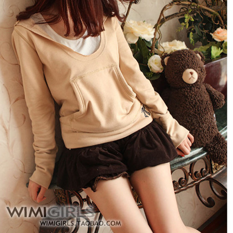 Free Shipping Autumn new arrival tea color small fresh 100% cotton loop pile long-sleeve low collar sweatshirt female