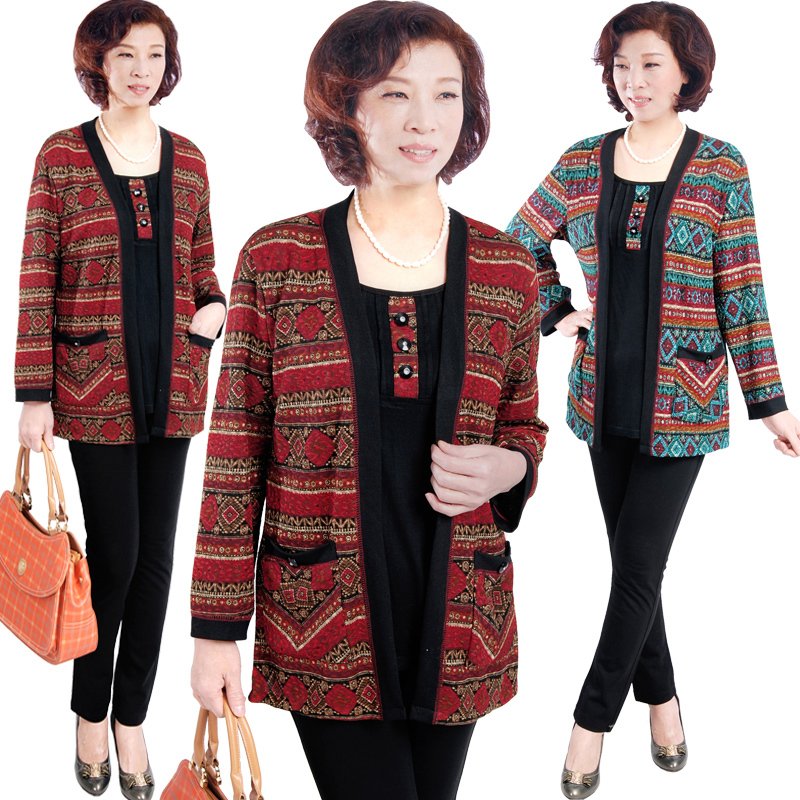 Free shipping-Autumn New fashion elderly women's jacket  plus size tops fake two-pieces mother's coat XL~4XL red/blue