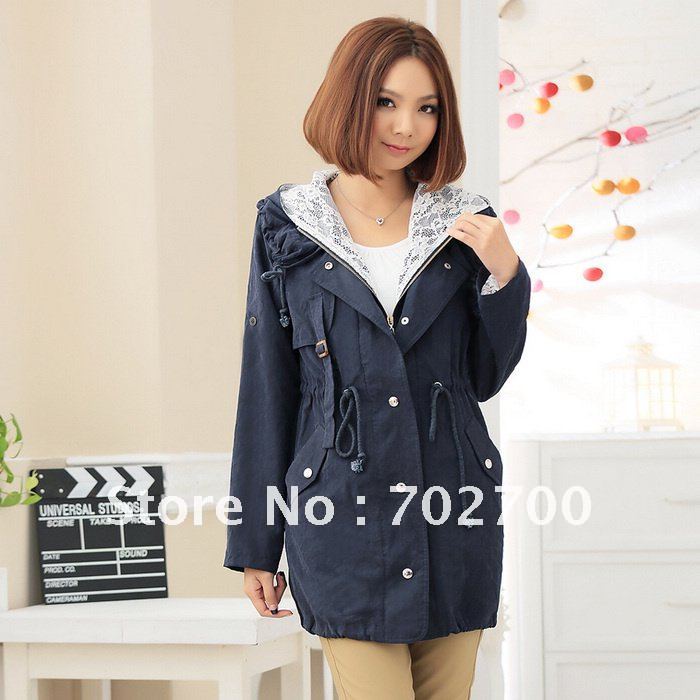 Free Shipping! Autumn New Hot 2013 Korean Fashion Pleated Lace Lining Long Sleeve Lady Trench Coats FQ2600 Holiday Sale