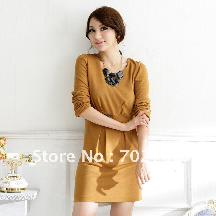 Free Shipping! Autumn New Hot Solid Brief Pleated Leather Spliced At The Waist Lady Dress E5005 Holiday Sale