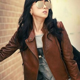 Free shipping Autumn New Women's stand Collar PU Leather Jacket Short Coat Mini Lady Outerwear