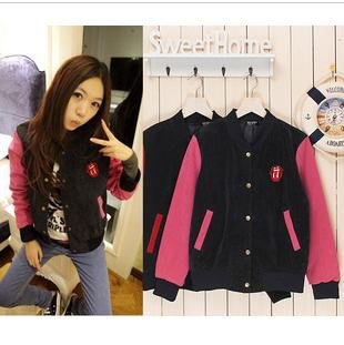 Free shipping Autumn New Women's Varsity Jacket Colorblock Long Sleeve Baseball Outwear Red,Pink