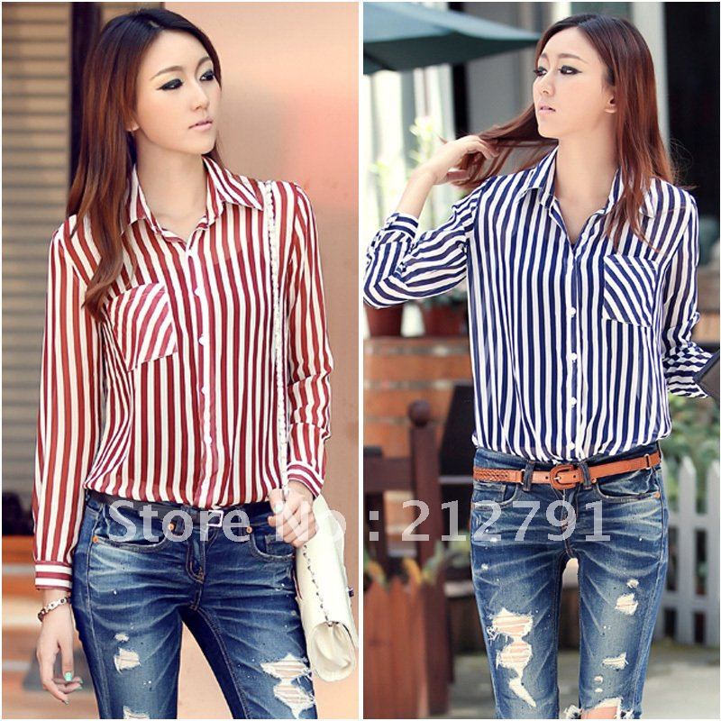 Free shipping Autumn ol elegant shirt compound silk stripe long-sleeve shirt chiffon blouses