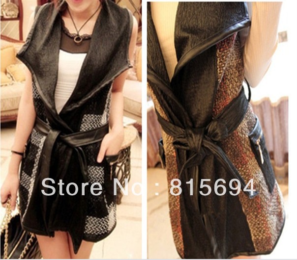 Free shipping autumn outfit new han restoring ancient ways dress lattice PU leather splicing ma3 jia3 vest *