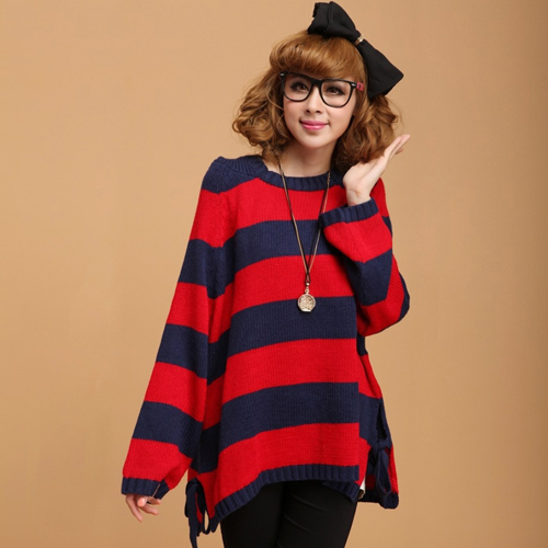 Free shipping Autumn plus size clothing stripe with a hood batwing shirt long-sleeve sweater loose pullover sweater outerwear