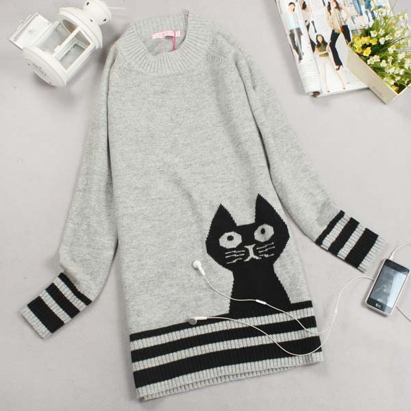Free shipping autumn pure Knit long sleeve loose Long Sweater Women's O-neck Cat pattern Sweater Gray