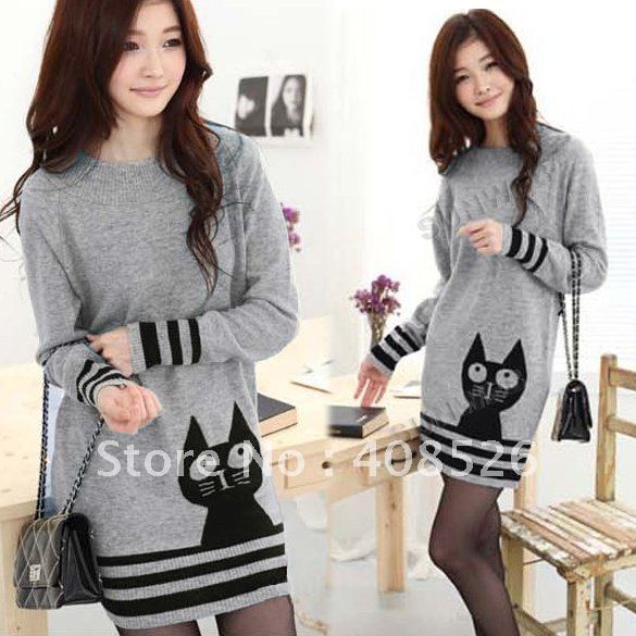 Free shipping autumn pure Knit long sleeve loose Long Sweater Women's Turtleneck Cat Design Gray free shipping 6578
