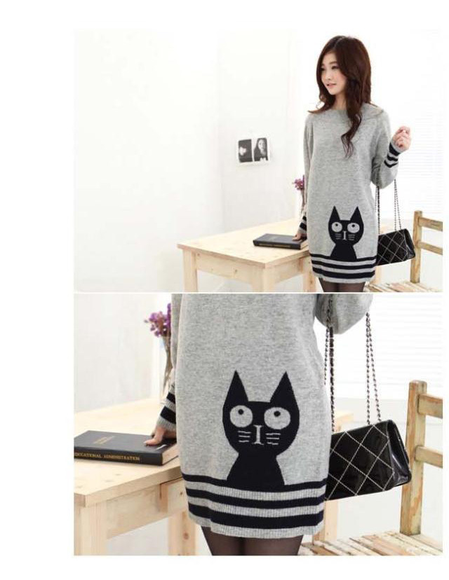 Free shipping autumn pure Knit long sleeve loose Sweater Women's O-neck cat sweater patterns for women Gray