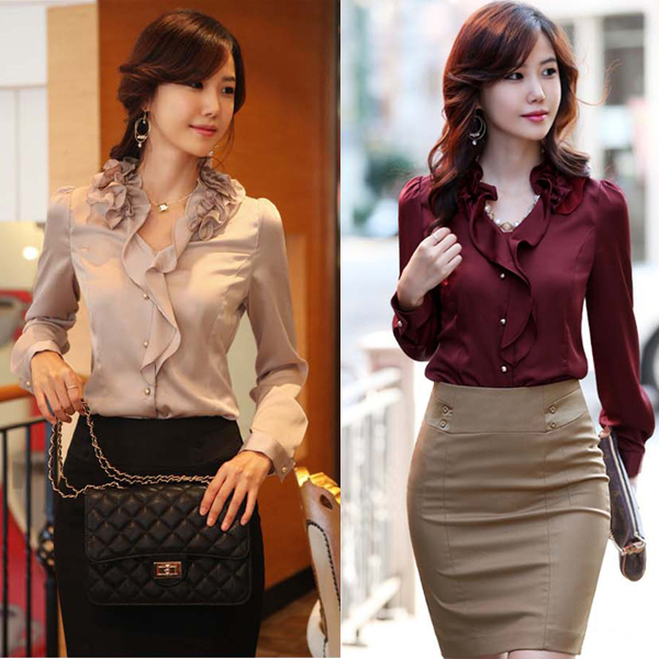 Free shipping Autumn ruffle hem gentlewomen ruffle collar long-sleeve slim shirt ol career skirt plus size shirt set