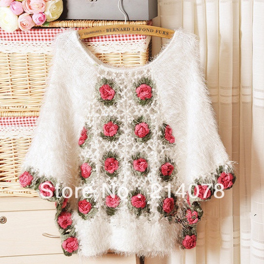 free shipping autumn spring female Sweet shaggier cutout rose crochet batwing sleeve sweater women cute hairy  pullover