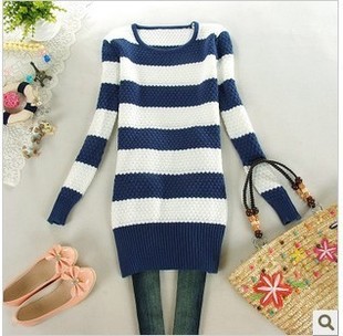 Free shipping, Autumn sweater female navy style o-neck pineapple needle slim long-sleeve medium-long stripe outerwear