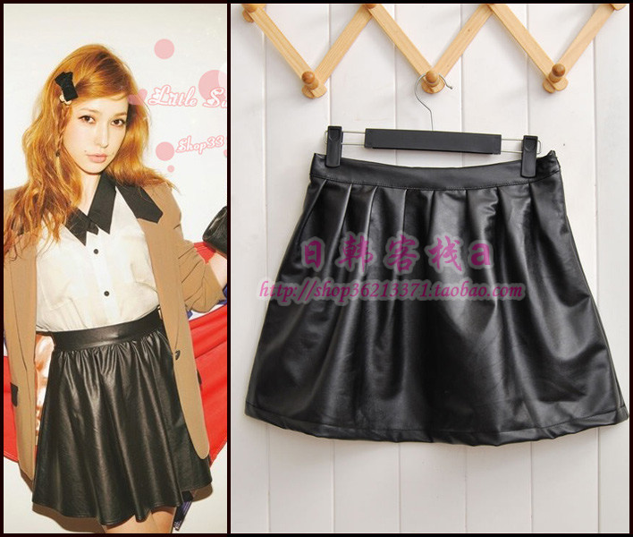 Free shipping Autumn vivi leather high waist pleated bust skirt short skirt leather skirt