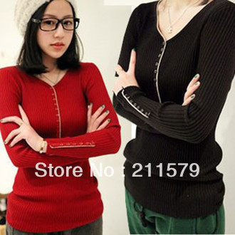 free shipping autumn/winter long Skinny slim knitted pullover women Bottoming  sweaters V Primer shirt Sweater