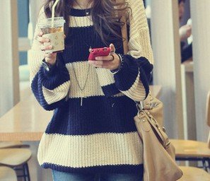 Free shipping Autumn&Winter Womens High Quality Classic Loose Stripes Pullover Lady Casual Long Sweaters