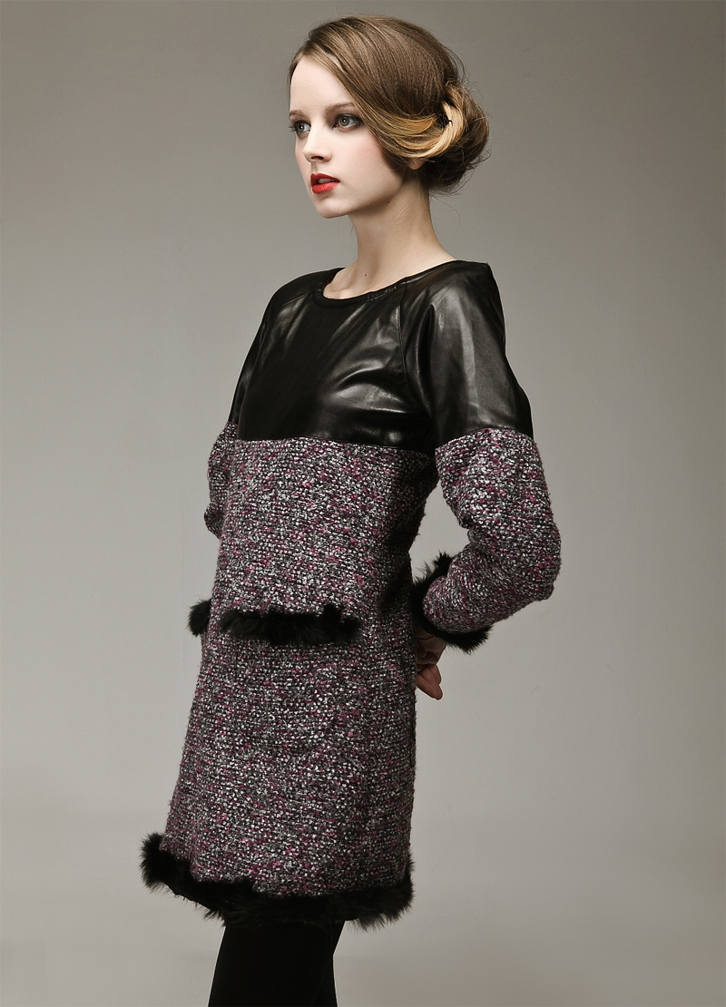 free shipping autumn women patchwork dress cotton fur collar long sleeve lap pleated ladies dresses for winter with leather
