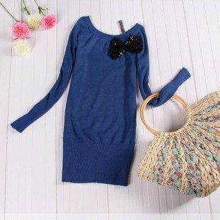 Free shipping  autumn women's bow sweater medium-long knitted basic shirt o-neck low collar sweater