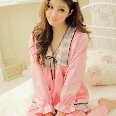 Free shipping Autumn women's long-sleeve faux silk sleepwear lounge set