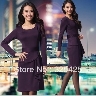 Free shipping autumn women's OL outfit slim waist fashion plus size long-sleeve purple dress elegant women skirt ruffle princess